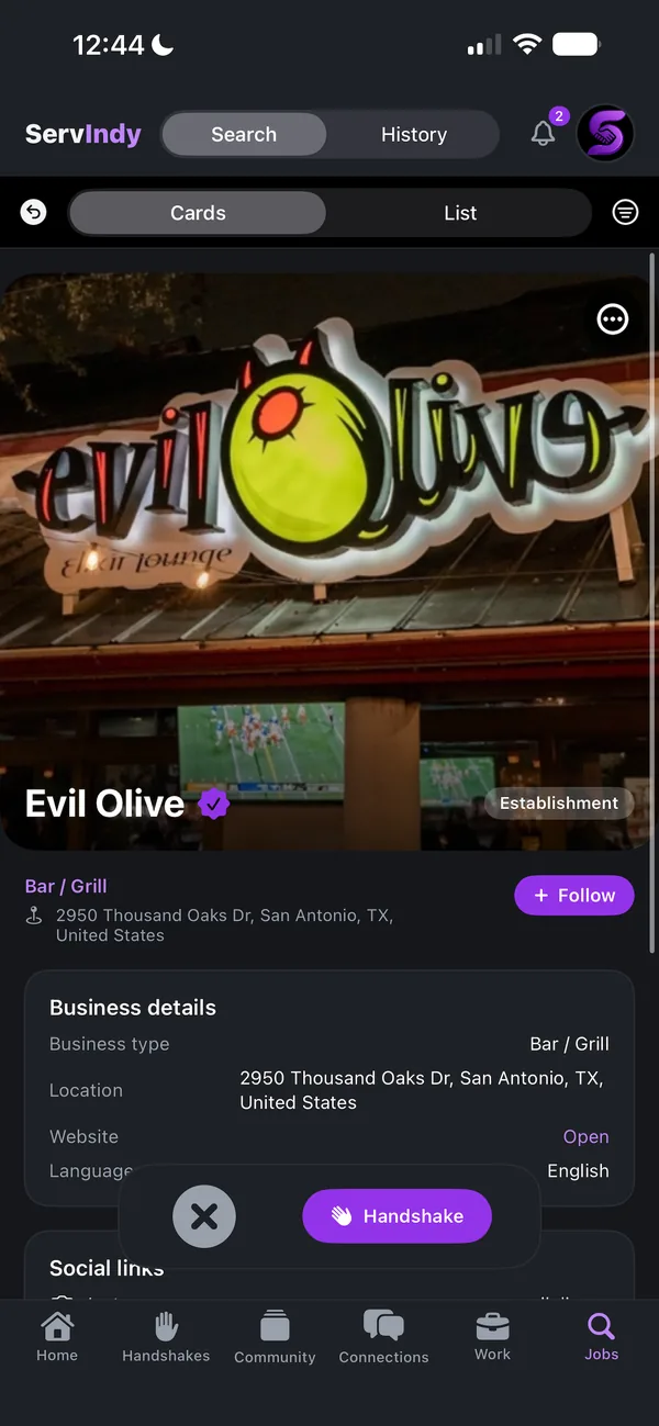 ServIndy app: swiping venue cards: a Handshake button opens chat with the manager